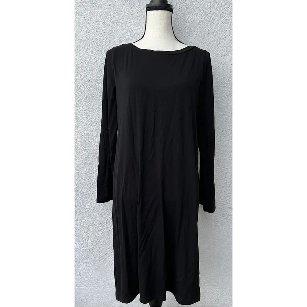 Eileen Fisher NWT Bateau Long Sleeve Knee Length Dress Black